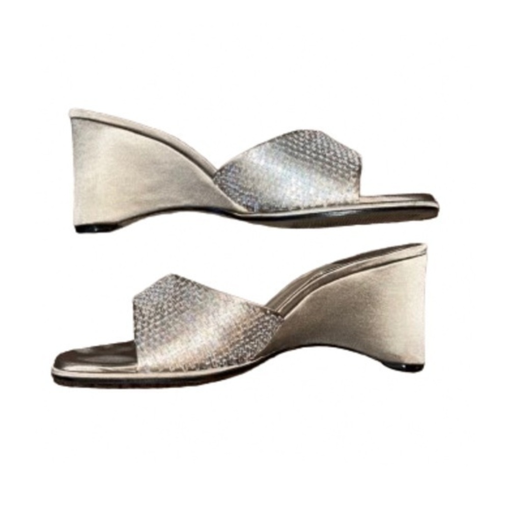Caparros champagne satin slide wedge heels with iridescent beading size 8.5